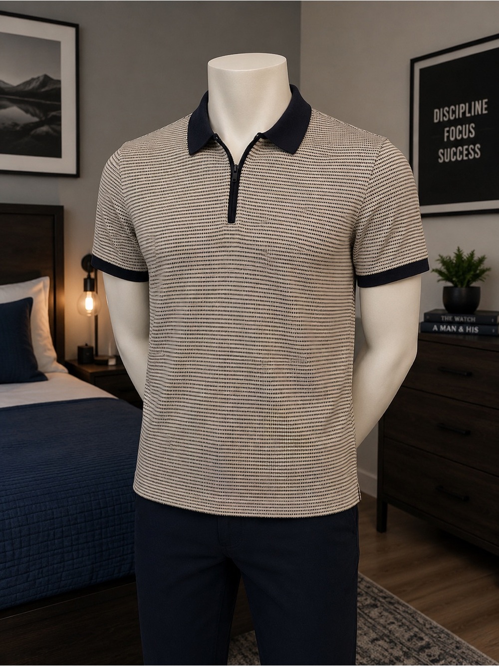Express Beige Striped Zip Polo with Navy Trim